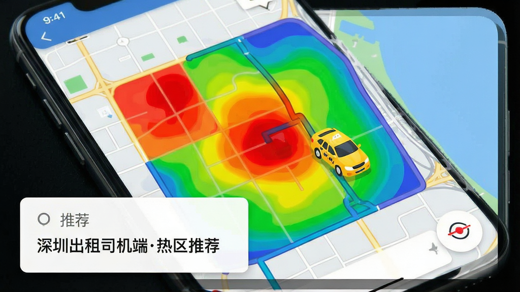 主体:手机地图界面显示红黄蓝绿色块热区图,旁边有出租车图标移动,布局:地图占满屏幕,左下角有推荐路线卡片,排版:热区色块清晰,路线卡片简洁,风格:扁平化设计,色彩鲜明,细节:卡片文字