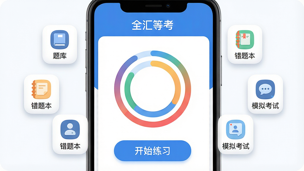 画面主体为一部智能手机屏幕展示“全汇等考”主界面,屏幕中央显示彩色圆环进度图与“开始练习”按钮,周围悬浮着“题库”“错题本”“模拟考试”等小图标。整体布局居中对称,排版清晰,采用扁平化设计风格,主色调为蓝色与白色,细节处有微小阴影与圆角,画质高清干净,无多余元素