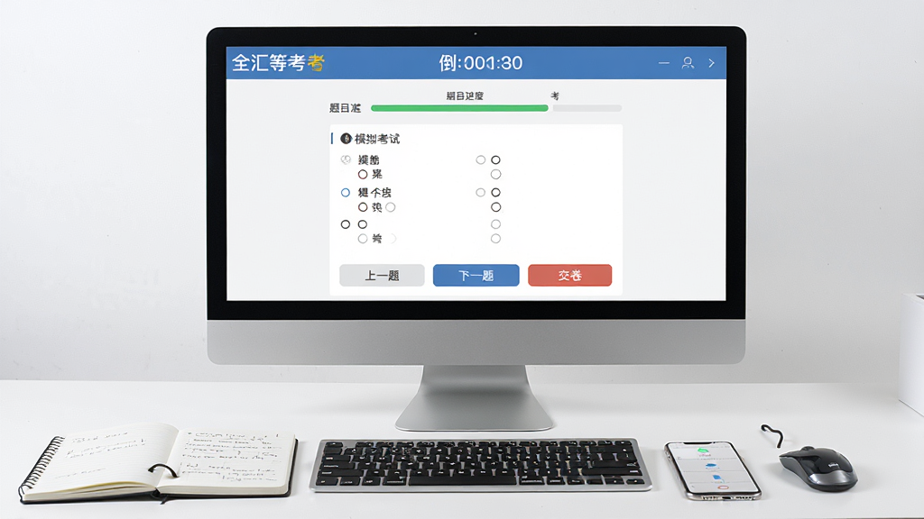 电脑屏幕前摆放着笔记本和手机,屏幕中显示“全汇等考”模拟考试界面,顶部有倒计时和题目进度条,中间为选择题区域,底部有“上一题”“下一题”“交卷”按钮。布局规整,排版清晰,风格写实,细节包括键盘和鼠标,画质高清,背景简洁干净