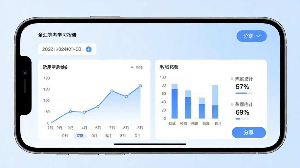 手机横屏显示“全汇等考”学习报告页面,包含折线图、柱状图与百分比数据,背景为浅蓝渐变,布局整洁,风格商务简约,细节有日期筛选器和分享按钮,画质高清明亮