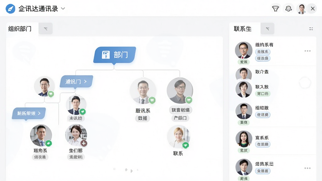 企讯达通讯录界面,展示组织架构与联系人列表,主体为通讯录页面,布局层级分明,风格商务,细节包括部门分组、联系人头像、职位标签,画质高清,干净,无多余元素