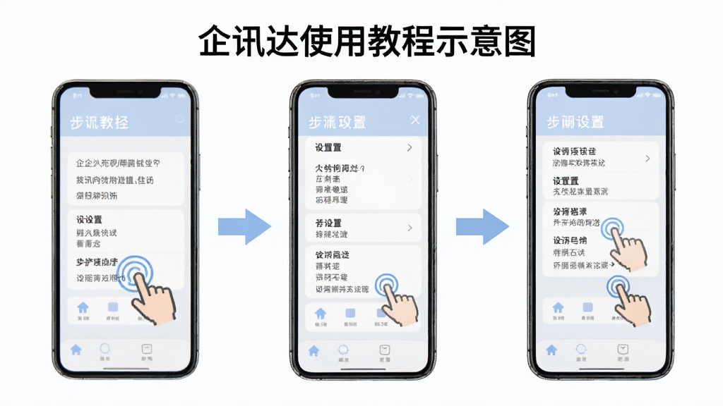 企讯达使用教程示意图,展示操作步骤,主体为手机界面,布局步骤流程,风格教学,细节包括点击操作、设置选项,画质清晰,干净,无多余元素