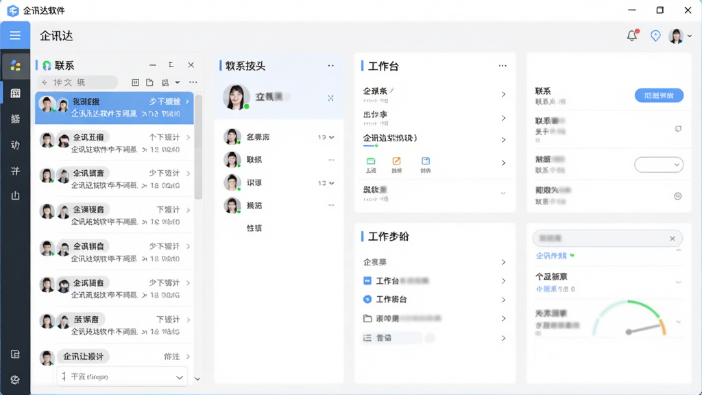 企讯达软件主界面截图,展示功能布局,主体为软件界面,布局清晰,风格现代简约,细节包括聊天列表、联系人、工作台等模块,画质高清,干净,无多余元素