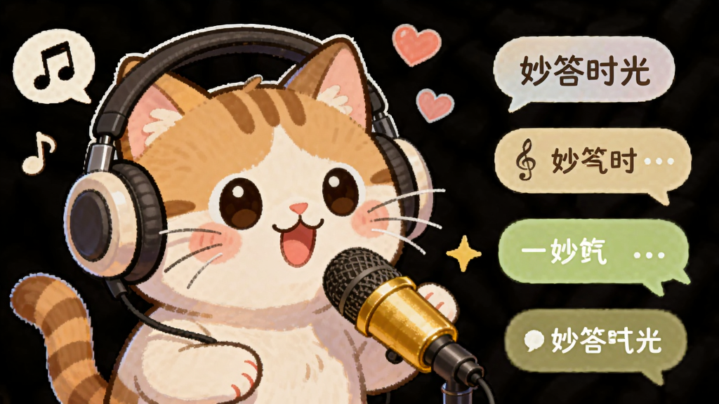 图片主体为一只可爱的卡通猫咪戴着耳机,正对着一个金色的麦克风开心说话,周围漂浮着音符、爱心和“妙答时光”的聊天气泡。布局采用主体居左、聊天元素居右的平衡构图,风格为治愈系插画,色调温暖柔和,细节包括猫咪的胡须和耳机线,画质细腻干净,无多余元素