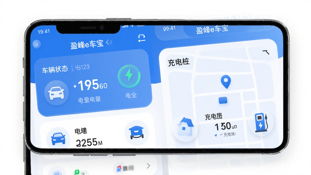 盈峰e车宝主界面展示图,手机屏幕中显示车辆状态、电量信息、充电桩地图等核心功能模块,界面简洁现代,采用蓝白主色调,布局清晰,图标圆润,画质细腻,干净无多余元素