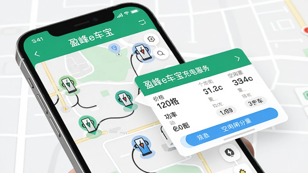 盈峰e车宝充电服务界面,手机地图上显示多个充电桩图标,用户点击一个充电站后弹出详细信息卡片,包含价格、功率、空闲数量等,界面明亮清晰,绿色和蓝色搭配,布局合理,画质细腻,干净整洁