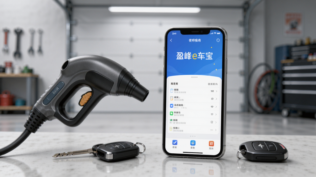 盈峰e车宝使用指南插图,手机旁边放置充电枪和车钥匙,背景为车库,构图简洁,突出手机屏幕上的APP界面,画质干净,光线柔和
