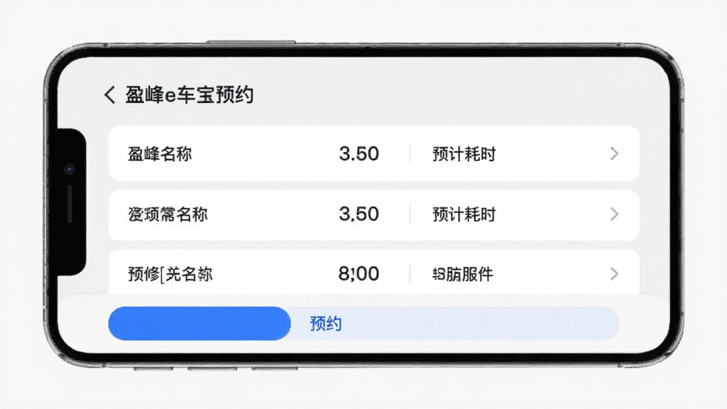 盈峰e车宝维保预约界面,手机屏幕上显示维修保养服务列表,包含项目名称、价格、预计耗时,底部有预约按钮,界面简洁清爽,采用浅灰色背景,蓝色按钮醒目,布局规整,画质干净