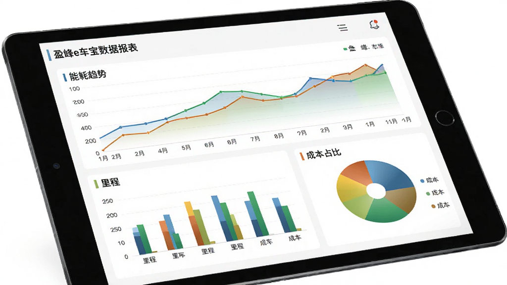 盈峰e车宝数据报表界面,平板电脑上显示能耗趋势折线图、里程柱状图、成本占比饼图,色彩丰富但协调,界面商务大气,白色背景,图表清晰,画质高清,干净无多余元素
