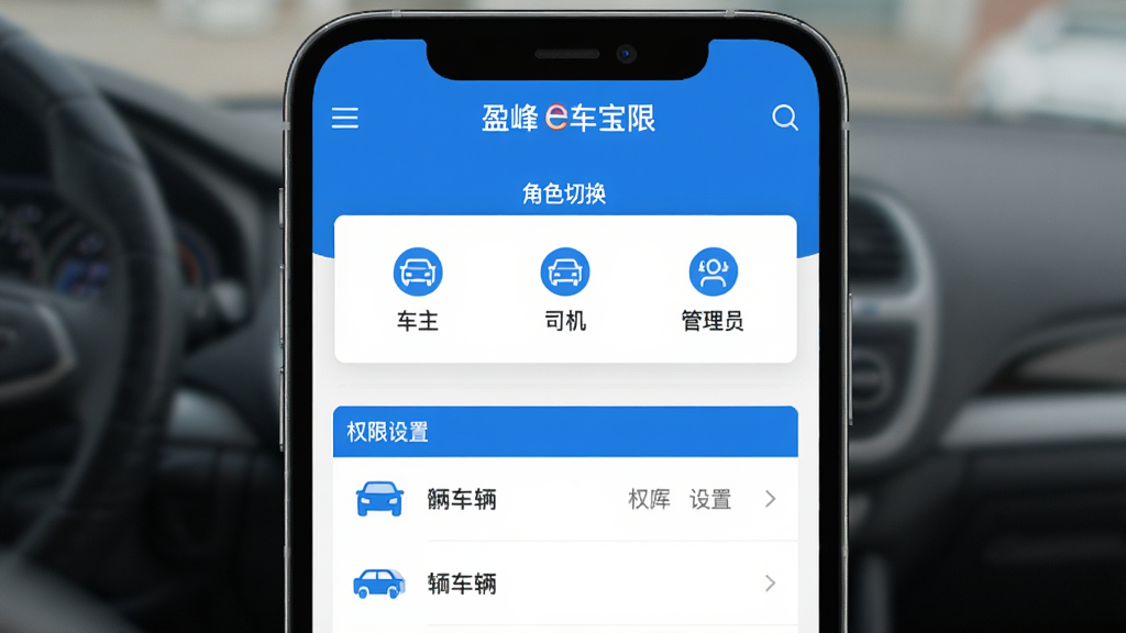 盈峰e车宝权限管理界面,手机屏幕显示角色切换菜单,包含车主、司机、管理员选项,下方有车辆列表和权限设置项,界面层次分明,蓝白配色,图标简洁,画质干净,无多余元素