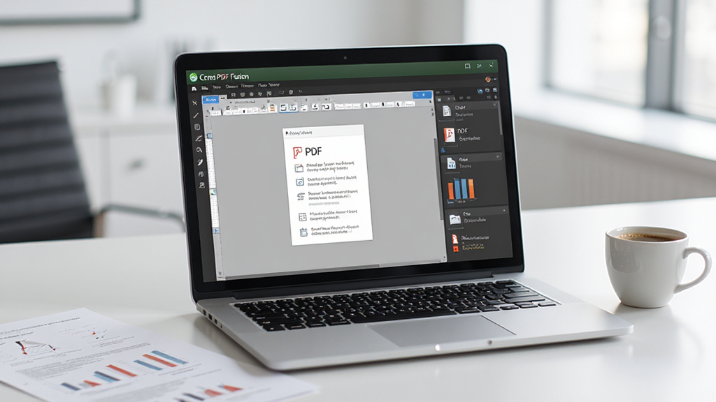 现代办公桌上一台笔记本电脑屏幕显示Corel PDF Fusion软件界面,界面清晰展示PDF编辑和合并功能,桌面上散落着几份纸质文档和一杯咖啡,整体风格专业、明亮、干净,画面清晰,高分辨率,无多余元素
