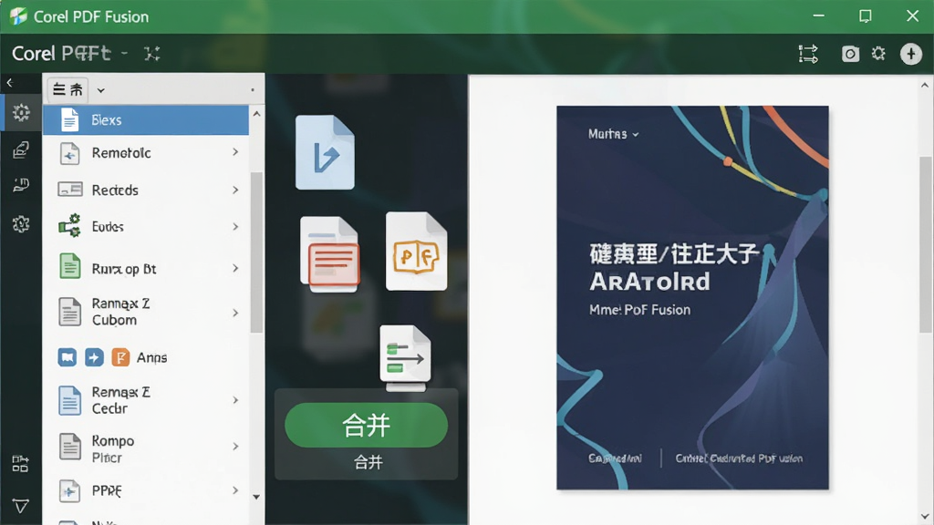 Corel PDF Fusion软件界面,左侧是文件列表,右侧展示合并后的PDF预览,多个文档图标正被拖入软件窗口,界面清晰显示“合并”按钮,色彩明亮,现代扁平化设计风格,画质干净,无多余元素