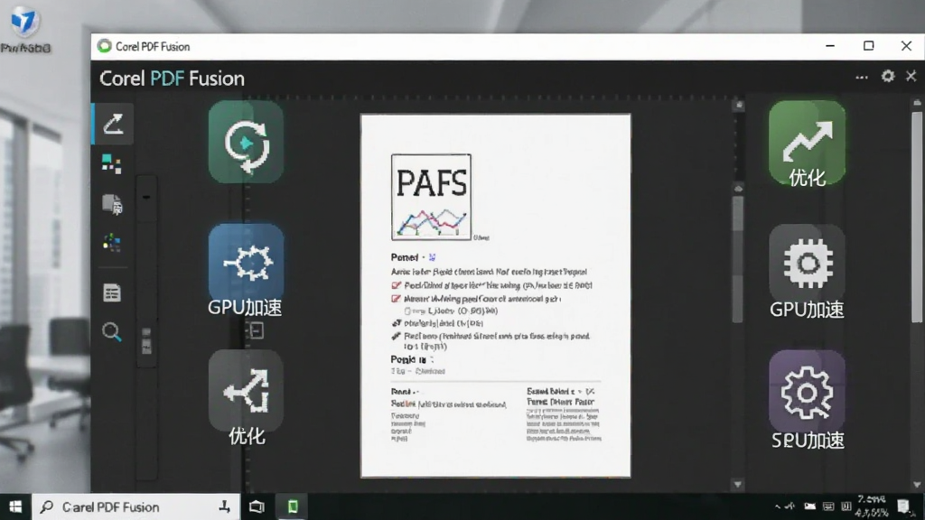 电脑桌面显示Corel PDF Fusion软件正在运行,界面中一个PDF文件正在被处理,周围有“优化”、“GPU加速”等字样图标,整体画面现代、高效,画质清晰,无多余元素