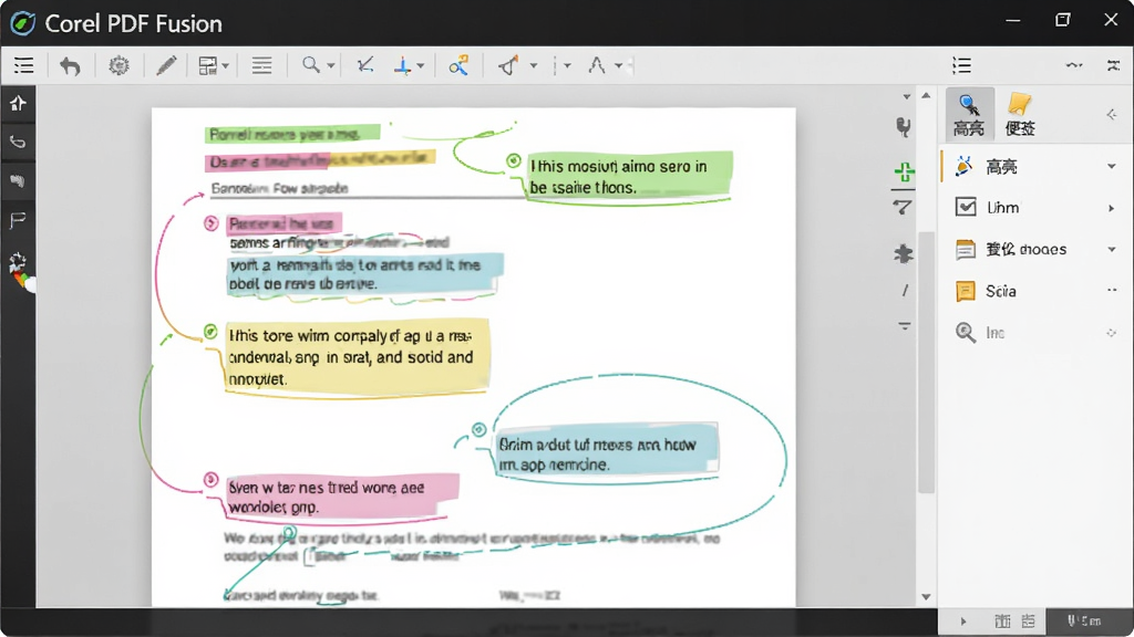Corel PDF Fusion软件界面,打开一份PDF文档,文档上方有多个彩色高亮标记和文本框注释,右侧工具栏显示“高亮”、“便签”等工具图标,界面干净,整体风格清晰专业,画质高,无多余元素