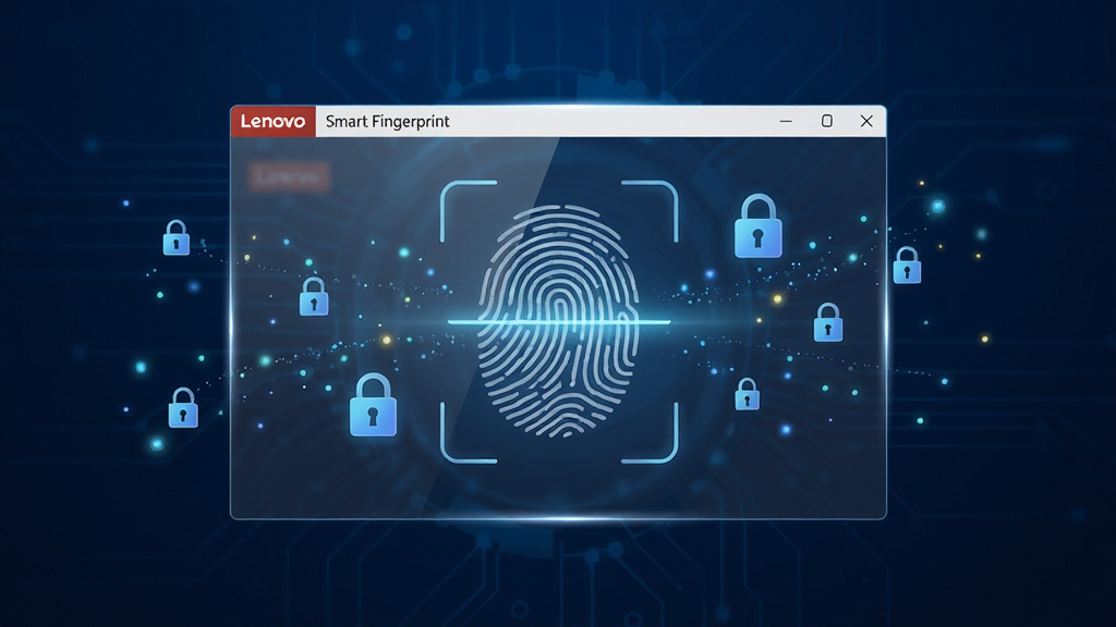 ����Ϊ��Lenovo Smart Fingerprint��������������������ɫ�Ƽ�����֮�ϣ�����չʾһ��������ָ��ɨ�趯������Χ�����ݼ��ܵ�����ͼ��͹�Ч���ӣ����ֲ��þ��й�ͼ������UI��Ʊ�ƽ��������ִ���Լ��ϸ�ڰ���ָ����·�����ɼ����߹ⷴ�䡢�����ʸУ�����Ϊ8K���壬����ɾ��޶���Ԫ��