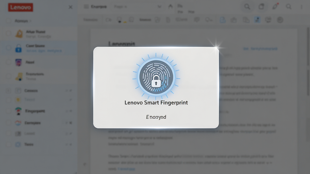 ����Ϊ��Lenovo Smart Fingerprint��������Ӧ�ü��ܳ����Ľ��棬��Ļ����ʾһ������ָ��ͼ��ĵ�����������ģ�����ĵ����棬����Ϊ�������У��Ű��࣬���Ϊ�����ﻯ��ϸ�ڰ���ָ�����������ĵ�����ģ�����߹��Ե������Ϊ���壬�ɾ��޶���Ԫ��