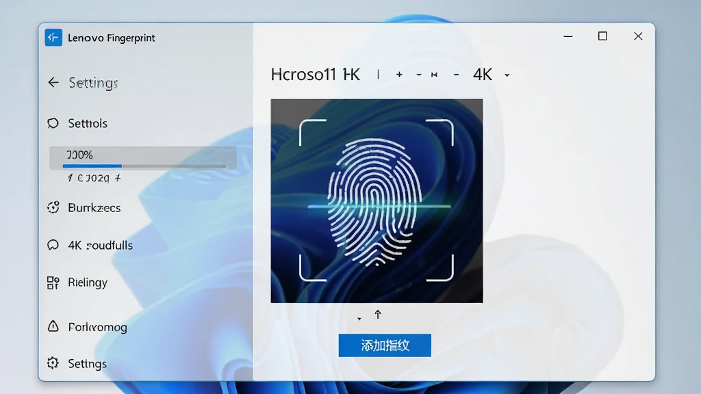 ����Ϊ��Lenovo Smart Fingerprint��������Windows 11����ҳ���е�ָ��¼����棬��Ļ��ʾָ��ɨ�趯�����Ա��С�����ָ�ơ���ť������Ϊ���ô�����д���Ű���У����Ϊ΢���ٷ�������ԣ�ϸ�ڰ���ָ�Ʋ��ơ���������ǳɫ����������Ϊ4K���ɾ��޶���Ԫ��