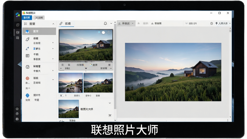 主体为联想照片大师软件界面展示,布局为电脑屏幕居中显示,屏幕内呈现软件主界面,左侧工具栏,右侧预览区,风格现代简约,细节上显示滤镜效果预览和功能图标,画质清晰明亮,干净无多余元素,屏幕下方标注“联想照片大师”字样,整体给人专业易用的感觉,画质高清,干净无多余元素