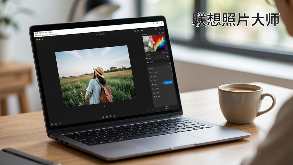 主体为联想照片大师使用场景,布局为笔记本电脑在桌面上运行软件,屏幕显示修图界面,旁边放有咖啡杯,风格生活化,细节上屏幕中可见照片和工具栏,画质清晰,干净无多余元素,图片中标注“联想照片大师”字样,整体突出日常使用氛围,画质高清,干净无多余元素