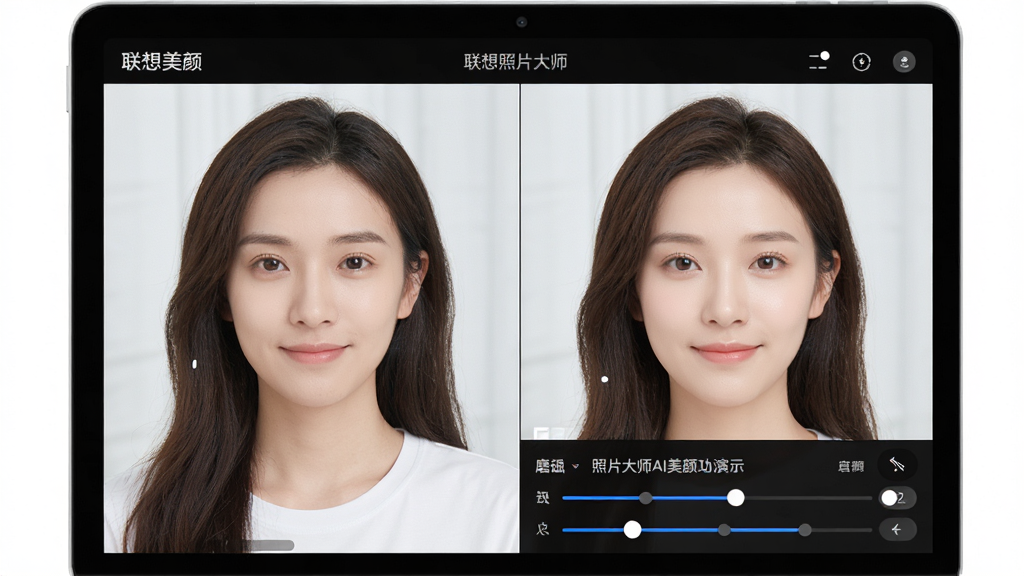主体为联想照片大师AI美颜功能演示,布局为手机或电脑屏幕展示人像编辑界面,左侧原图,右侧美颜效果图,风格明亮清新,细节上显示磨皮、瘦脸等调节滑块,画质细腻,干净无多余元素,图片中标注“联想照片大师”字样,整体突出智能美颜效果,画质高清,干净无多余元素