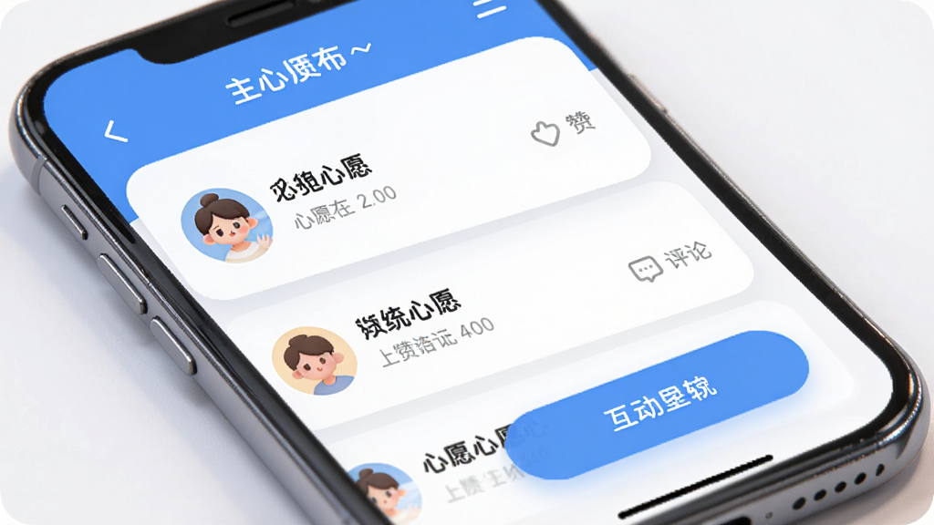 心愿鱼塘软件主界面预览图,展示心愿发布列表与互动按钮,主体为手机屏幕布局,界面以清新的蓝白配色为主,卡片式设计,包含用户头像、心愿文字、点赞评论图标,整体风格温馨明亮,细节圆润,画质高清干净,无多余元素