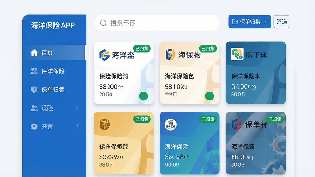 主体:海洋保险APP的保单归集功能界面,屏幕显示多个保险公司的保单卡片整齐排列;布局:左侧为功能导航栏,右侧为保单卡片网格,每张卡片显示保险公司Logo与保单摘要;排版:卡片式布局,间距均匀,色彩区分不同保险类型;风格:商务简洁风,蓝白主色调,卡片带轻微阴影;细节:卡片上标注“已归集”绿色标签,顶部搜索框与筛选按钮,背景为浅灰白色;画质:高清晰度,干净整洁