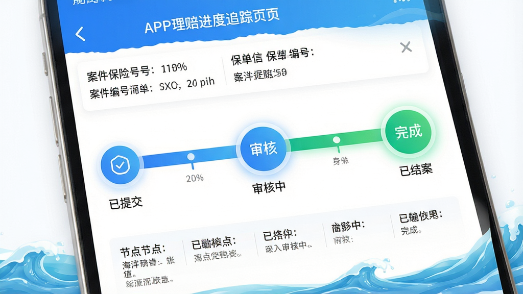 主体:海洋保险APP理赔进度追踪页面,屏幕中央显示理赔流程进度条;布局:上方为案件编号与保单信息,中间为横向进度条,下方为每个节点的详细说明;排版:流程节点用圆形图标串联,当前节点高亮显示,色彩渐变;风格:清新简洁,蓝色为主,辅以绿色表示已完成;细节:进度条标有“已提交”“审核中”“已结案”等字样,背景为纯白,配以海浪装饰;画质:高清,无多余元素