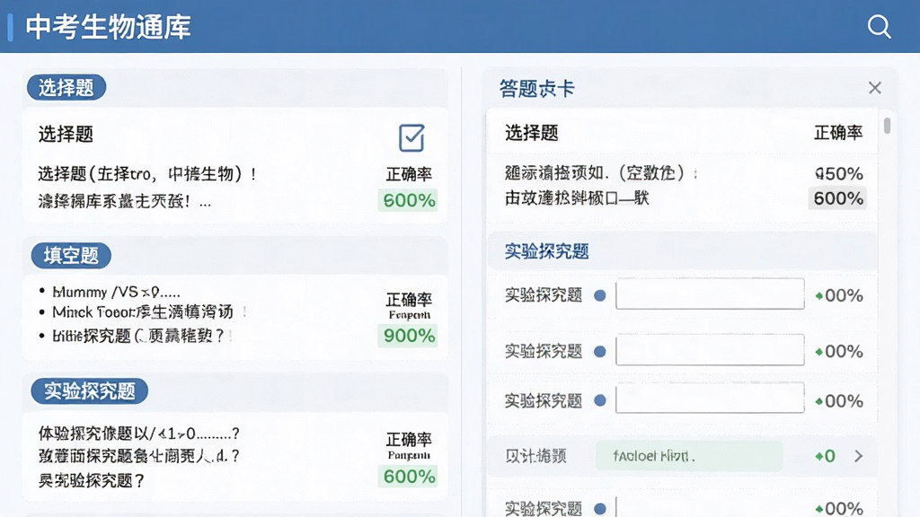 主体:中考生物通的题库界面,布局:题目列表与答题卡,排版:分栏展示,风格:学术专业,细节:显示“选择题”、“填空题”、“实验探究题”等题型,以及“正确率”统计,画质:高清,干净,无多余元素