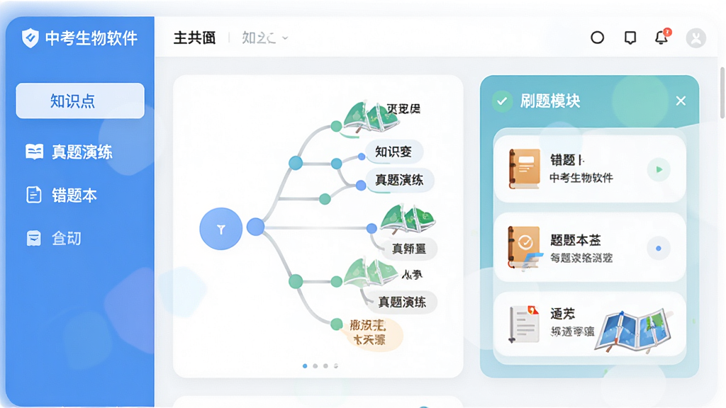 主体:中考生物通软件主界面,展示知识树和刷题模块,布局:左侧功能栏,右侧内容区,排版:清晰卡片式,风格:现代扁平化,细节:界面包含“知识点”、“真题演练”、“错题本”等标签,画质:高清,干净,无多余元素