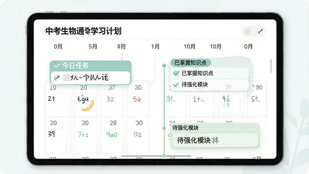 主体:中考生物通的学习计划界面,布局:日历式打卡页面,排版:时间轴形式,风格:清新简洁,细节:显示“今日任务”、“已掌握知识点”、“待强化模块”,画质:清晰,干净,无多余元素