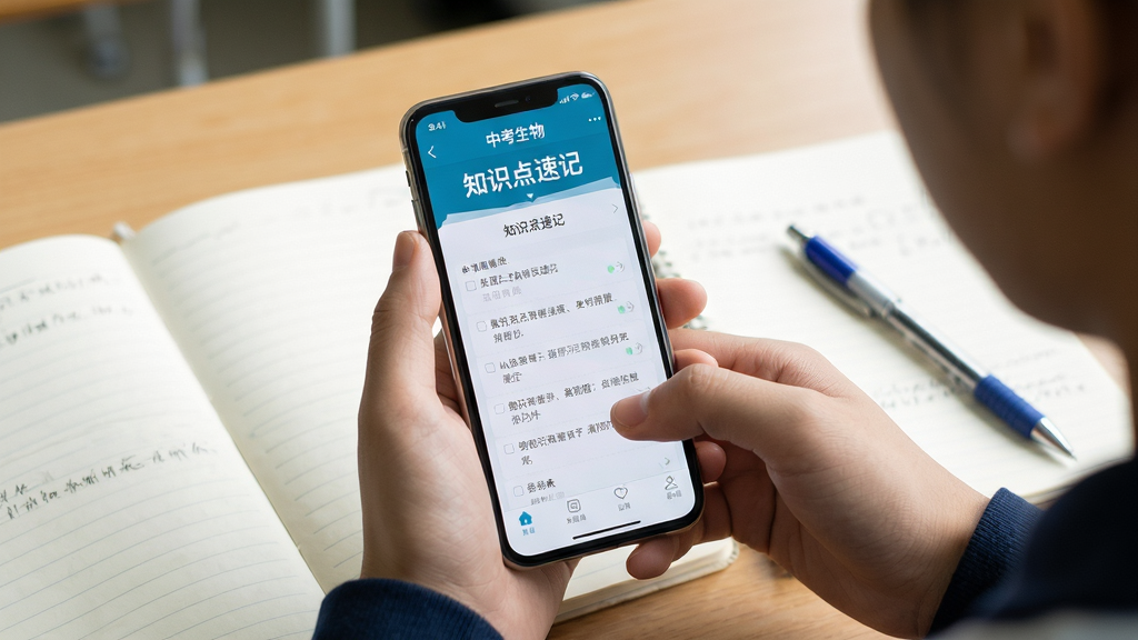主体:学生使用手机学习中考生物通的场景,布局:手机屏幕展示应用界面,排版:居中特写,风格:真实生活感,细节:屏幕显示“知识点速记”页面,旁边有笔记本和笔,画质:清晰,干净,无多余元素