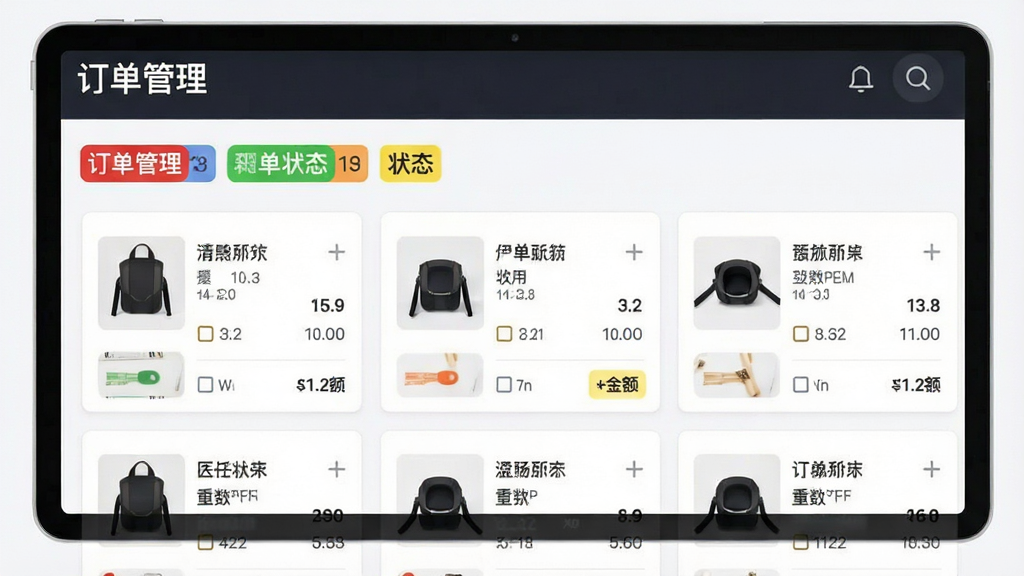主体:伊智商家版订单管理界面截图。布局:界面显示订单列表,状态标签醒目。排版:上方有“订单管理”字样。风格:扁平化UI风格。细节:每个订单卡片包含商品图、数量、金额。画质:高清,干净,无多余元素。