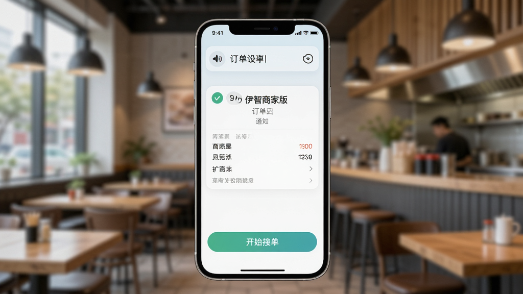 主体:手机屏幕显示伊智商家版订单通知页面。布局:手机竖屏,通知栏有语音播报图标。排版:界面下方有“开始接单”按钮。风格:清爽简洁。细节:背景为模糊的餐厅环境。画质:高清,干净,无多余元素。
