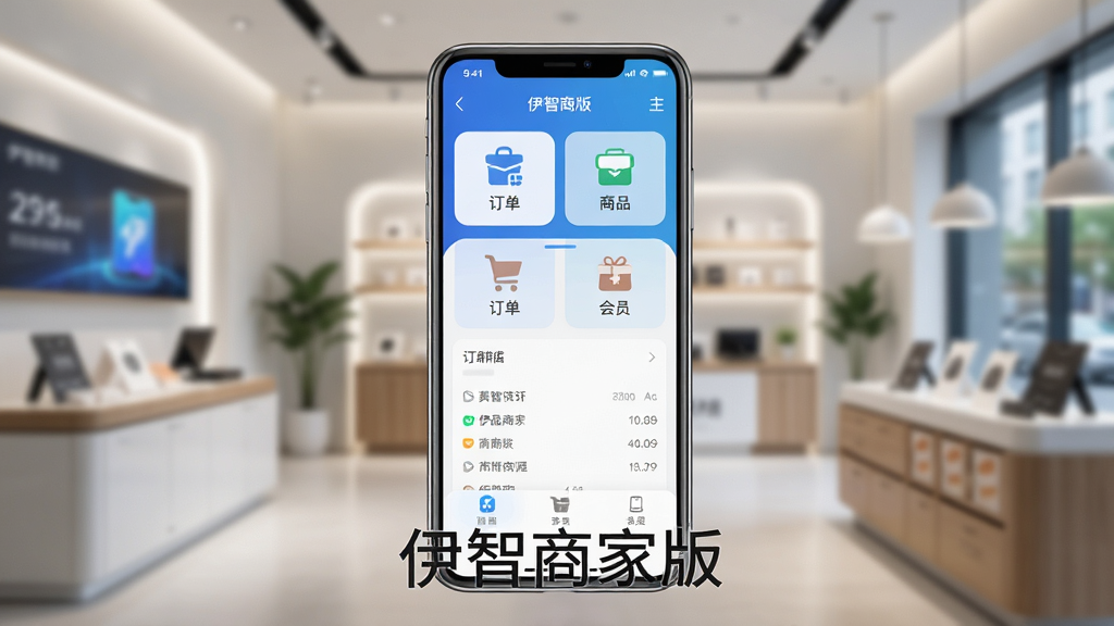 主体:一部智能手机屏幕显示伊智商家版主界面,背景是模糊的现代实体店铺。布局:手机居中,界面清晰可见。排版:手机下方有“伊智商家版”文字。风格:写实与科技感结合。细节:界面包含订单、商品、会员等图标。画质:高清,干净,无多余元素。