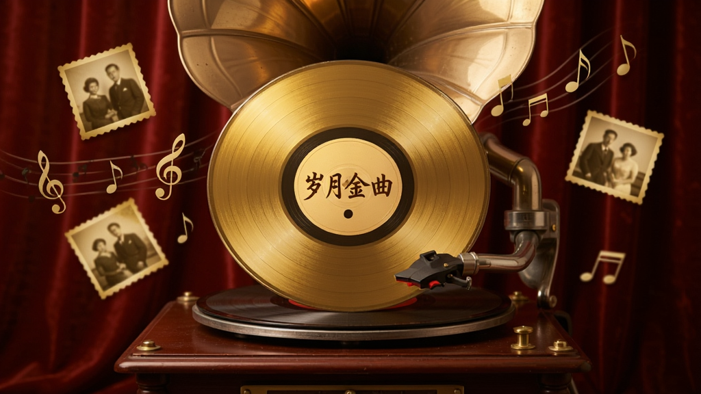 主体为一部老式留声机,唱针正播放一张金色唱片,唱片中央写着“岁月金曲”四字,周围漂浮着音符和泛黄的老照片剪影,背景是温暖的暗红色绒布质感,整体画面复古怀旧,排版居中对称,细节丰富,画质高清,干净无多余元素