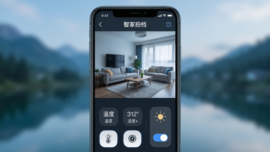 主体为手机屏幕展示“智家拍档”远程监控画面,画面中显示客厅实时视频,底部有设备控制按钮。布局为手机竖屏居中,背景为模糊的户外风景,暗示远程操作。排版上,视频画面占屏幕三分之二,下方为温度、湿度数据以及灯光开关按钮。风格为写实UI界面截图风格,画面色调偏冷,突出监控的科技感。细节上,视频画面清晰,按钮图标精致,画质干净无多余元素。