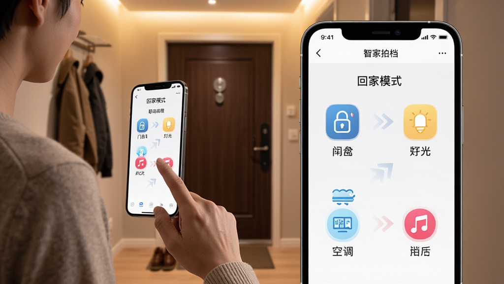 主体为一个人站在玄关处,手指轻触手机屏幕,手机显示“智家拍档”的场景编辑界面。布局为竖版构图,人物位于左侧,手机画面放大展示在右侧。排版上,手机屏幕展示“回家模式”的联动流程,包含门锁、灯光、空调、音乐图标。风格为写实摄影风格,室内光线温暖,背景为现代家居玄关。细节上,手机屏幕内容清晰,图标带有联动箭头,画质干净无多余元素。