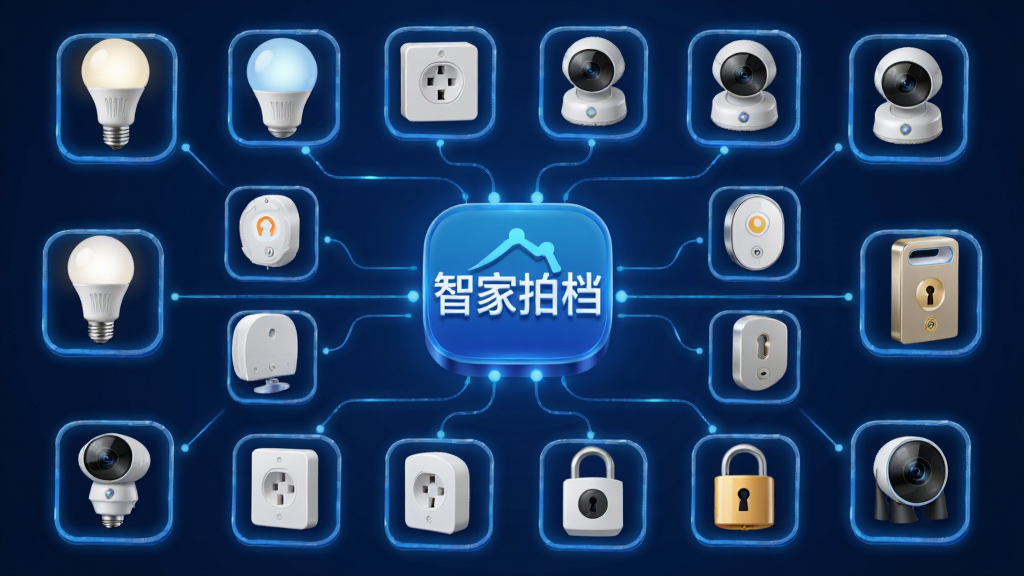 主体为一张智能家居设备矩阵图,中央是“智家拍档”Logo,四周环绕不同品牌的智能灯泡、插座、摄像头、门锁等设备图标。布局采用环绕式构图,Logo置于视觉中心。排版上,设备图标等距排列,线条连接至中心Logo。风格为科技感3D渲染,背景深蓝色,设备图标带有发光边缘。细节上,图标表面有光泽质感,整体画质干净无多余元素。