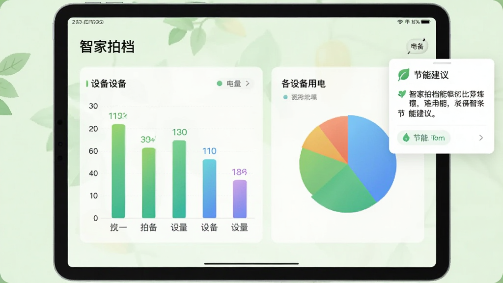 主体为平板电脑展示“智家拍档”能耗统计图表,包含柱状图和饼图,显示各设备用电占比。布局为平板横屏居中,背景为淡绿色,象征环保。排版上,图表清晰标注设备名称与电量数据,右侧有节能建议弹窗。风格为简洁数据可视化风格,色调清新。细节上,柱状图颜色渐变,饼图分色准确,画质干净无多余元素。