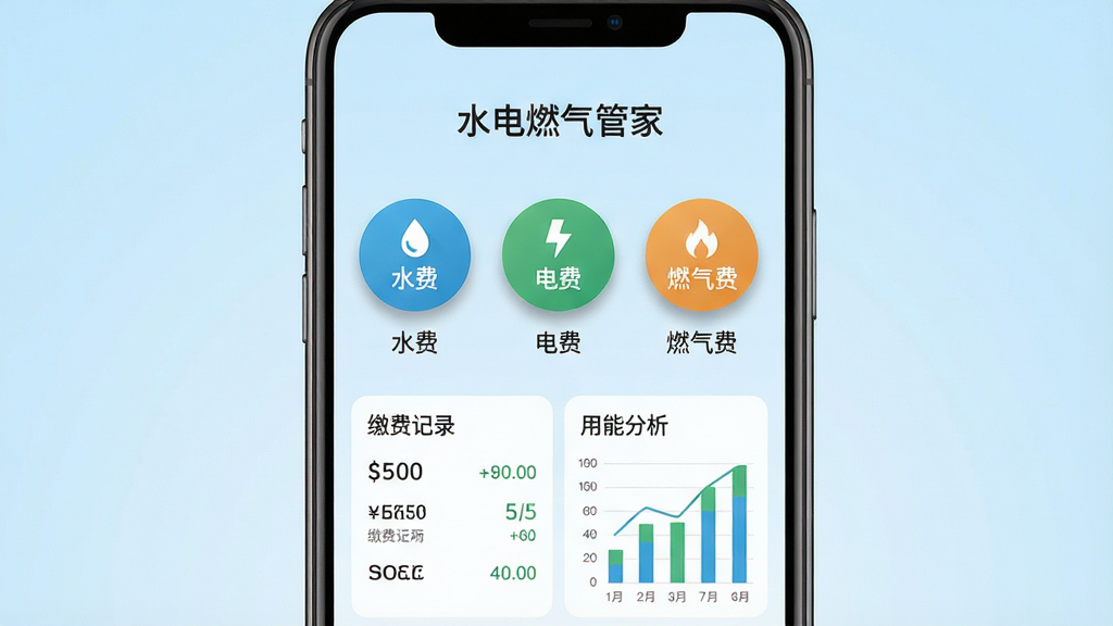 主体:一部智能手机屏幕展示“水电燃气管家”主界面,界面清晰显示水费、电费、燃气费三个圆形图标,下方有缴费记录和用能分析图表。布局:手机居中,背景为浅蓝色渐变,界面元素排列整齐,图标下方有对应文字标签。排版:扁平化设计,信息层次分明,主次有序。风格:现代简约,色彩清新,绿色与蓝色为主色调。细节:屏幕内数字清晰可读,图标带有细微阴影,整体质感细腻。画质:高清渲染,干净,无多余元素。