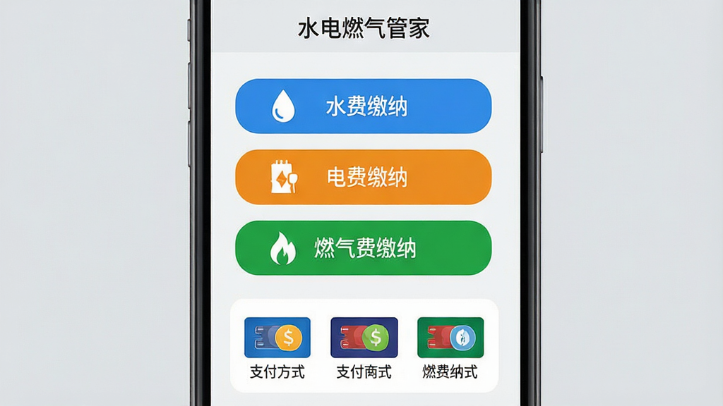 主体:手机界面展示“水电燃气管家”的缴费页面,页面上有“水费缴纳”、“电费缴纳”、“燃气费缴纳”三个按钮,下方显示支付方式图标。布局:手机屏幕占据画面中央,背景为淡灰色,按钮垂直排列,各元素间距均匀。排版:简洁清晰,按钮颜色分别为蓝色、橙色、绿色,辨识度高。风格:实用主义,界面友好。细节:按钮上有小图标,支付方式图标清晰可辨。画质:高清,干净,无多余元素。