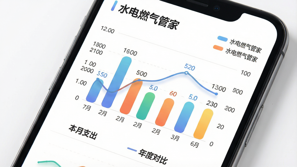 主体:手机屏幕展示“水电燃气管家”的账单统计图表,包含柱状图和折线图,图表下方有“本月支出”、“年度对比”等字样。布局:图表居中,背景为白色,图表色彩丰富但不刺眼。排版:数据标签清晰,图例位于图表右上角。风格:数据可视化风格,专业而不失亲和。细节:图表线条流畅,柱状图有圆角,数字字体清晰。画质:高清渲染,干净,无多余元素。