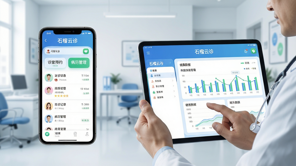 主体:石榴云诊软件界面在平板与手机上的展示,背景为现代简约的医疗办公环境,医生手持设备正在操作。布局:左侧为手机端主界面,显示患者列表与问诊记录,右侧为平板端展示健康数据图表,整体呈对称构图。排版:界面元素清晰,图标圆润,文字标签