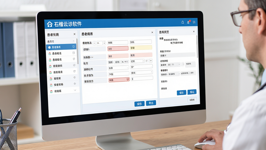 主体:石榴云诊软件中电子病历管理功能界面,背景为电脑屏幕与医生桌面。布局:屏幕中央显示病历编辑页面,左侧为患者列表,右侧为病历预览区,底部有保存与导出按钮。排版:功能分区明确,字体清晰,色彩以蓝白为主。风格:专业医疗软件风格,界面简洁。细节:病历表单包含患者姓名、诊断、处方等字段,部分字段高亮显示,屏幕外有医生手部正在操作鼠标。画质:高清,干净,无多余元素。