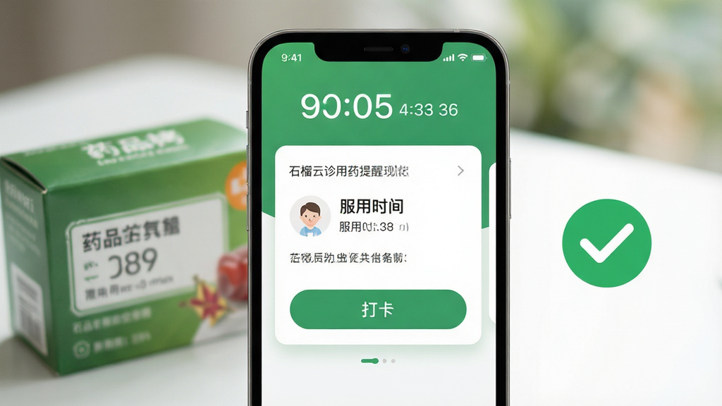 主体:石榴云诊用药提醒功能界面,背景为手机与一盒药品。布局:手机屏幕居中,显示用药提醒卡片,卡片上有药品名称、服用时间与打卡按钮,左侧摆放药盒,右侧有绿色对勾图标。排版:简洁明了,突出提醒内容。风格:健康生活风格,清新绿色调,光影柔和。细节:手机屏幕上的时间与日期清晰可见,药盒标签模糊处理,背景虚化。画质:高清,干净,无多余元素。