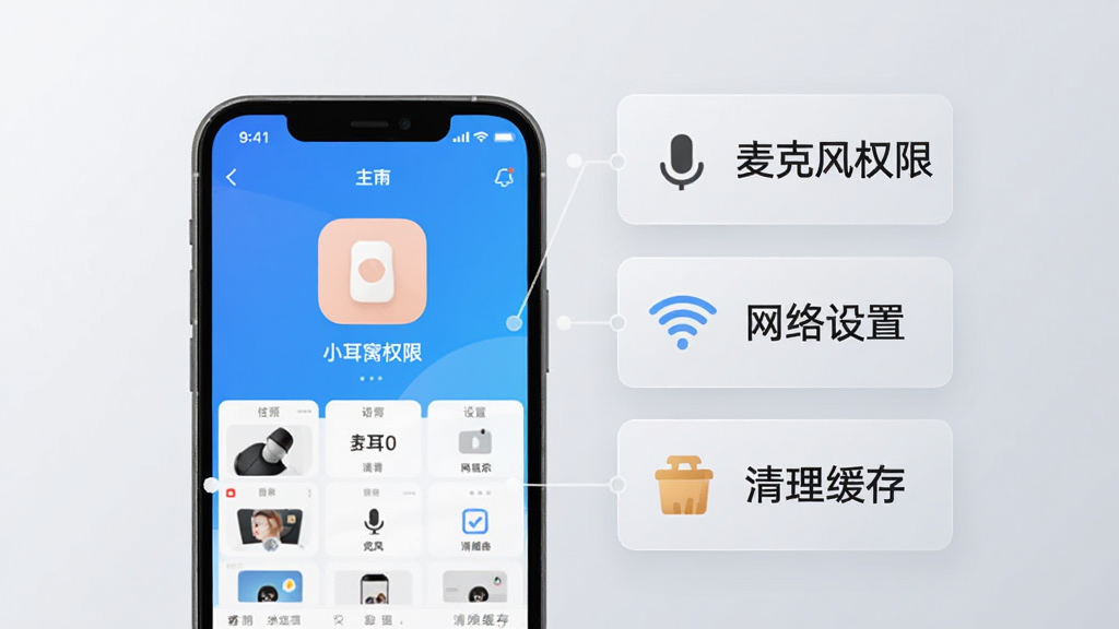 小耳窝app使用教程示意图,画面中一部手机展示应用主界面,旁边用半透明卡片标注“麦克风权限”“网络设置”“清理缓存”等关键词,背景为浅灰色渐变,整体风格简洁明了,画质清晰,干净无多余元素,图片中不出现文字
