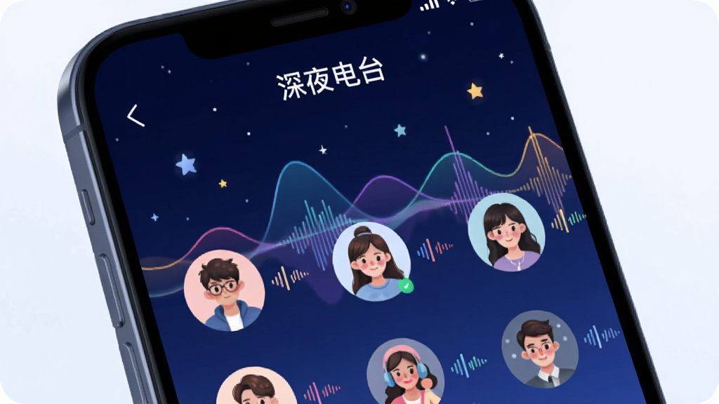 小耳窝app语音房间界面截图风格插画,画面主体是一个手机屏幕特写,屏幕中显示多人语音聊天室场景,顶部有房间主题“深夜电台”,下方排列着多个用户头像,每个头像旁都有音量波动动画效果,背景为深蓝色星空配彩色声波线条,整体画质细腻、风格时尚,干净无多余元素,图片中不出现文字