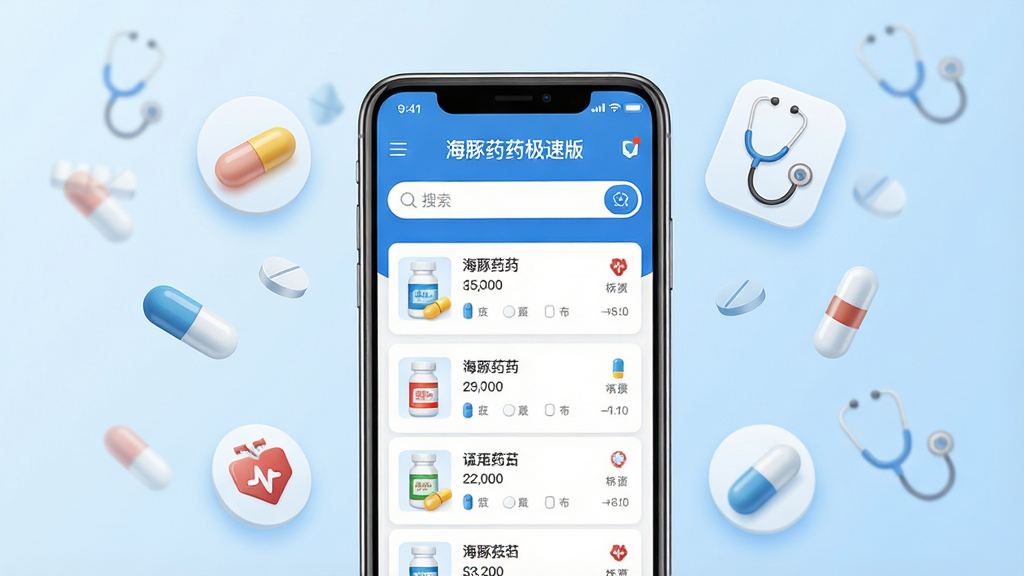 画面主体为一部智能手机屏幕占据视觉中心,屏幕上清晰显示“海豚药药极速版”的APP界面,界面风格简洁现代,以蓝色和白色为主色调,展示着药品列表和搜索框。手机周围漂浮着胶囊、药片、听诊器等医疗元素图标,背景为柔和的浅蓝色渐变,整体布局干净清爽,风格写实且明亮,细节丰富,画质高清,干净无多余元素。