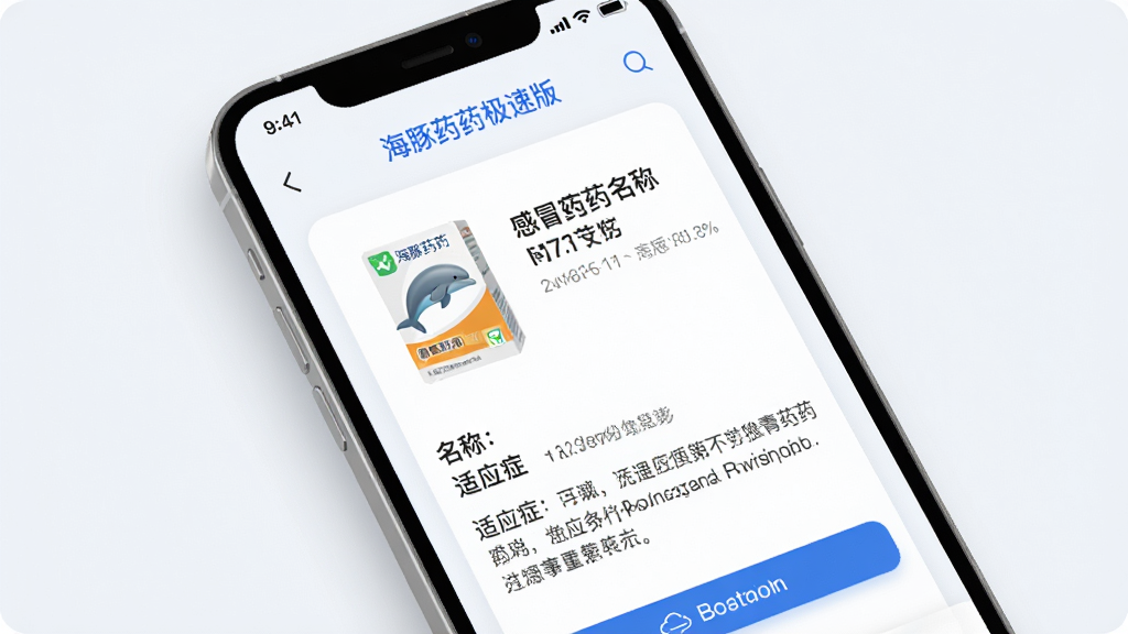 图片主体展示“海豚药药极速版”APP内部的药品详情页面,屏幕上显示一种感冒药的信息,包括药品图片、名称、适应症文字。界面布局清晰,信息层级分明。画面风格为干净的UI设计图,带有细腻的阴影和圆角,整体色调为白色搭配蓝色点缀。细节丰富,画质高清,干净无多余元素。