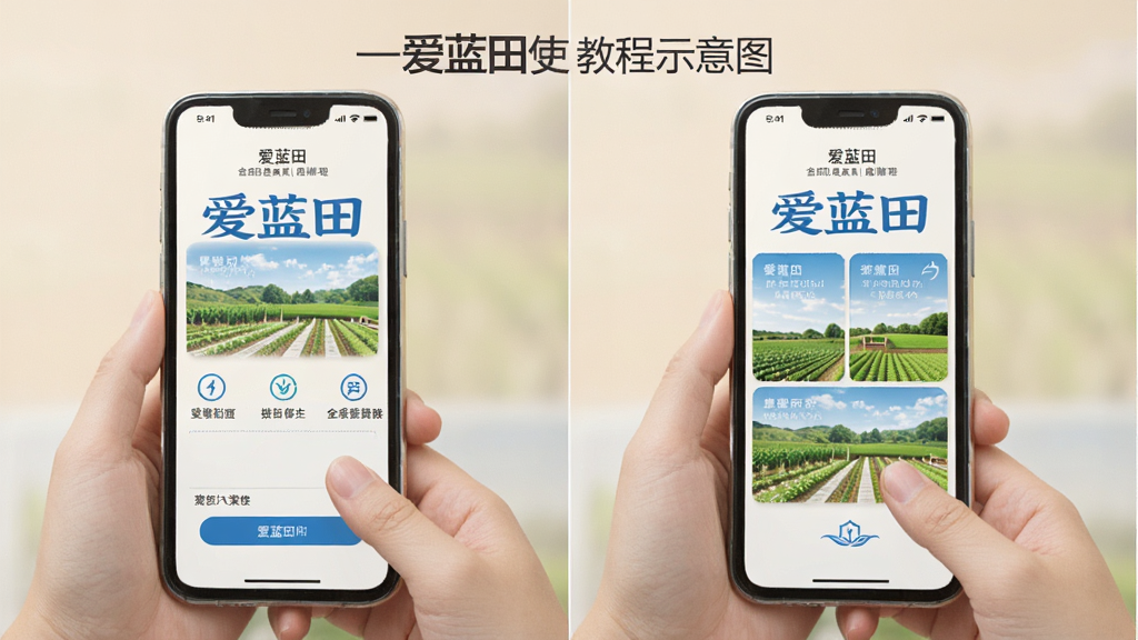 爱蓝田使用教程示意图,展示手机操作步骤,配以文字说明,风格简洁明了,背景浅色,画质清晰,突出“爱蓝田”品牌,无多余元素